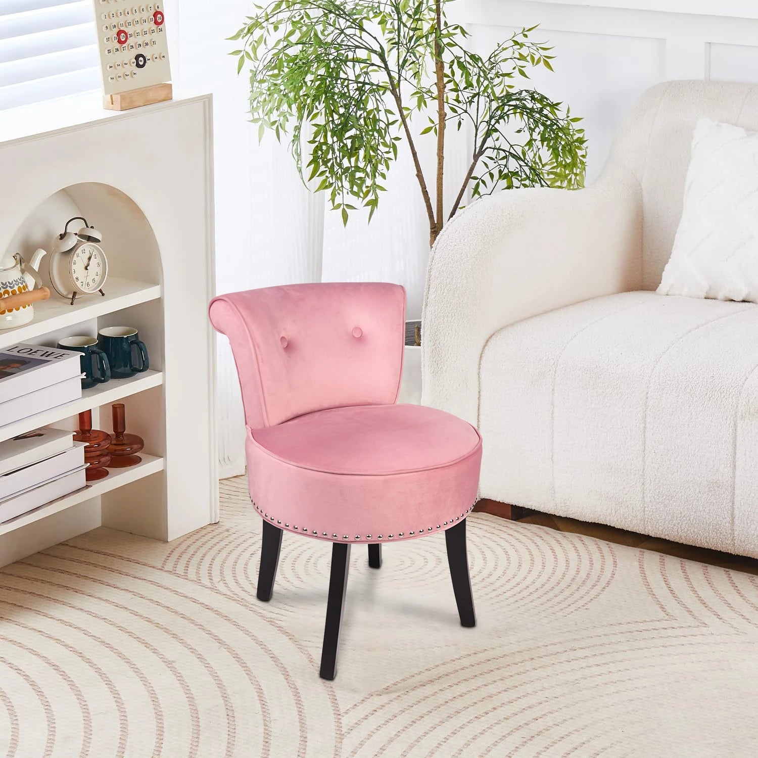 Upholstered Vanity Stool with Backrest and Wooden Legs Tufted Dressing Table Chair Pink