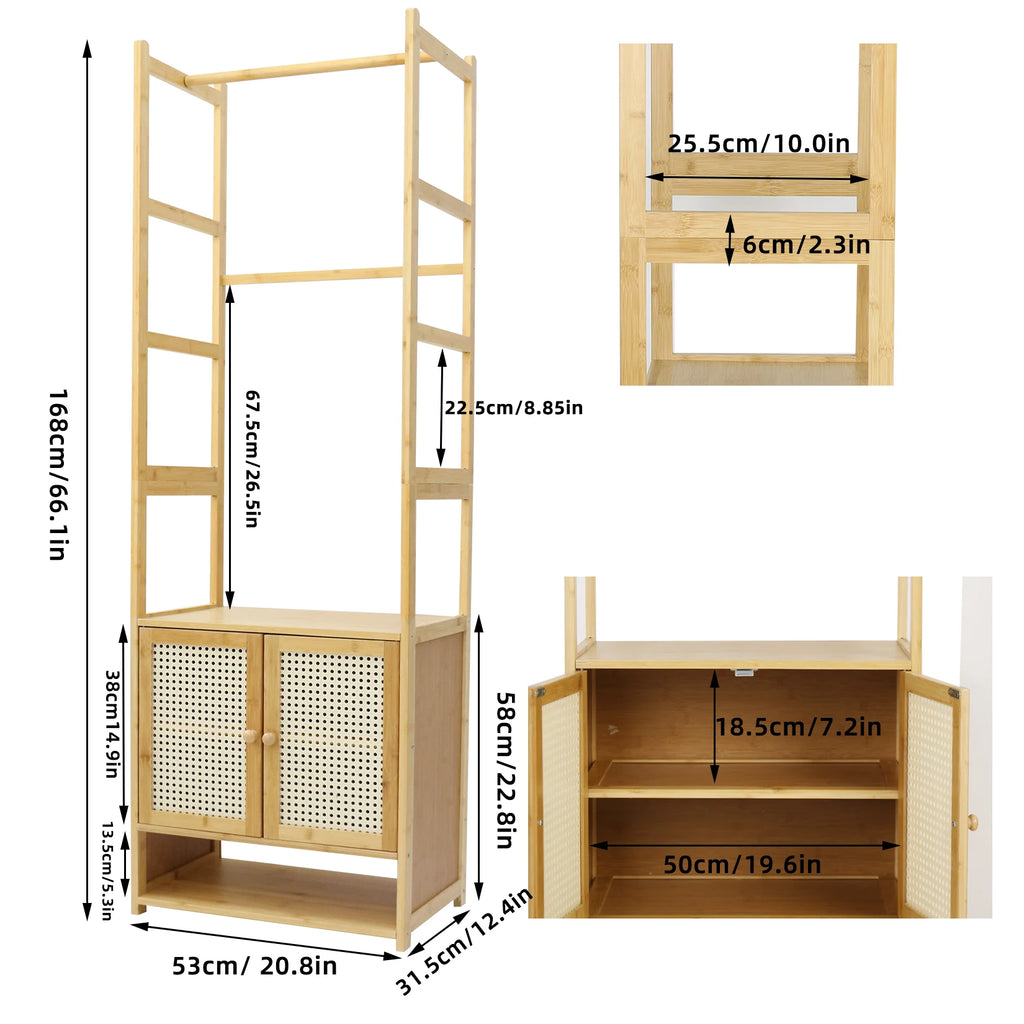 Bamboo Clothes Rack with Cabinet and Shelves Freestanding Garment Rack Organizer Natural Wood