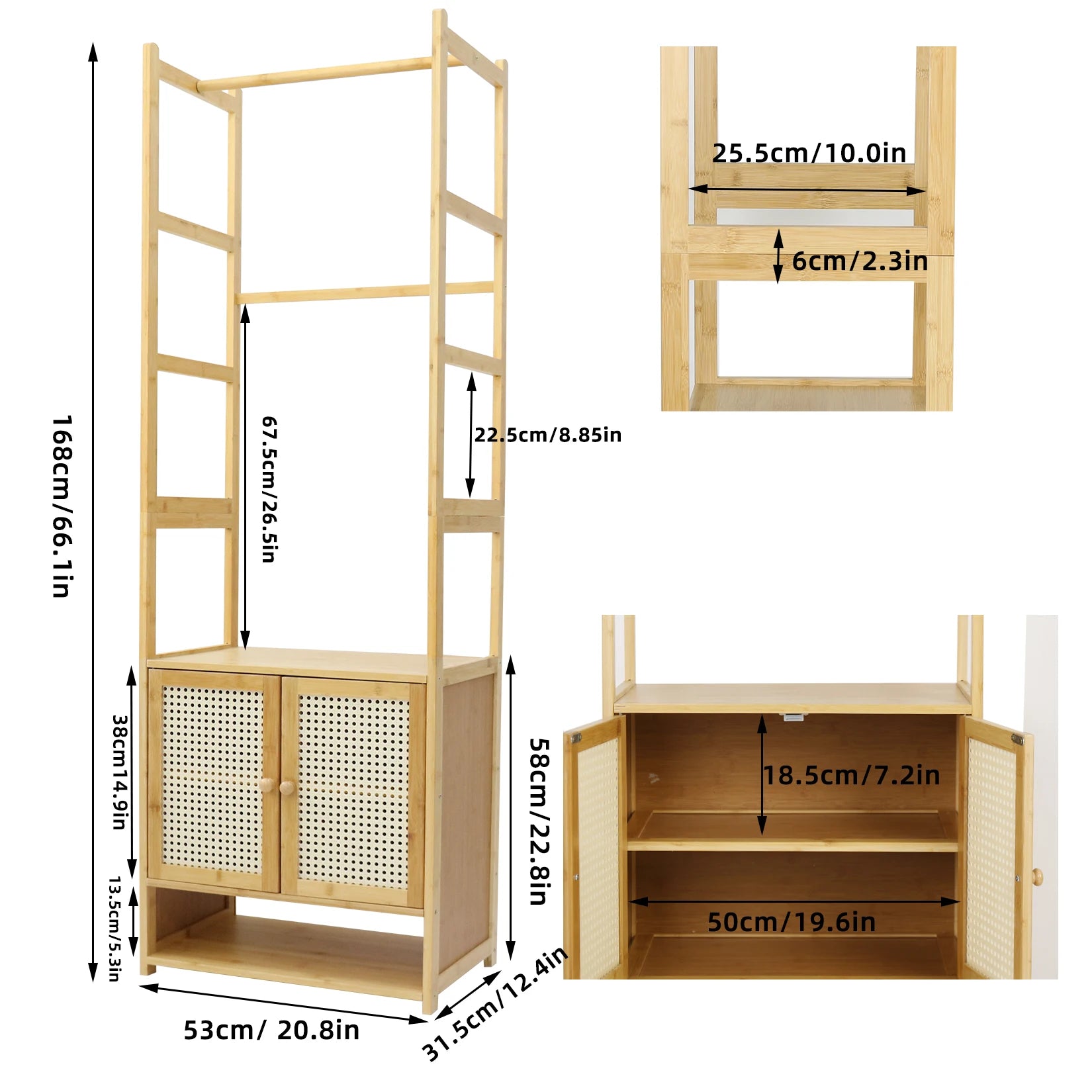 Bamboo Clothes Rack with Cabinet and Shelves Freestanding Garment Rack Organizer Natural Wood