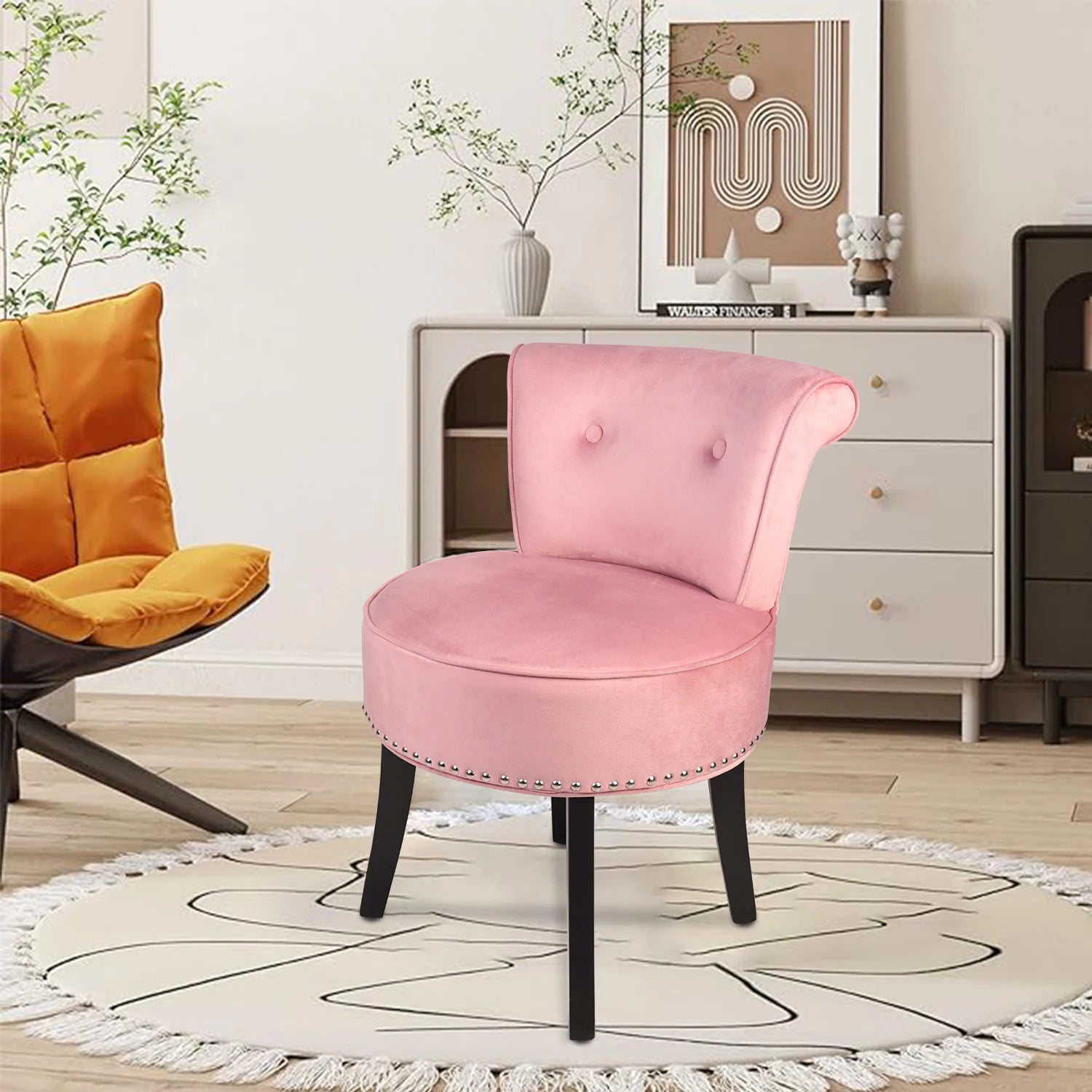 Upholstered Vanity Stool with Backrest and Wooden Legs Tufted Dressing Table Chair Pink