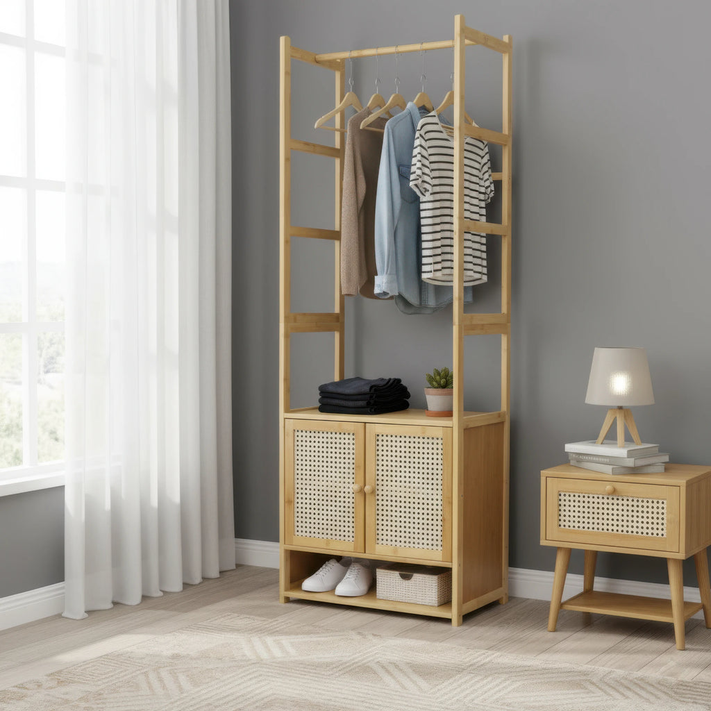 Bamboo Clothes Rack with Cabinet and Shelves Freestanding Garment Rack Organizer Natural Wood