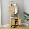 Bamboo Clothes Rack with Cabinet and Shelves Freestanding Garment Rack Organizer Natural Wood