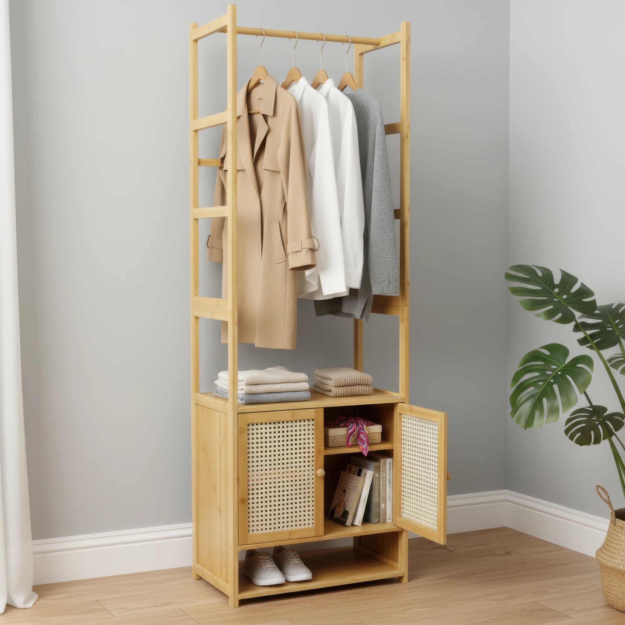 Bamboo Clothes Rack with Cabinet and Shelves Freestanding Garment Rack Organizer Natural Wood