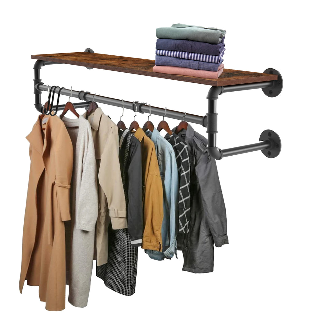 Industrial Pipe Clothes Rack with Shelf Wall Mounted Garment Rack 100cm with Hooks Brown