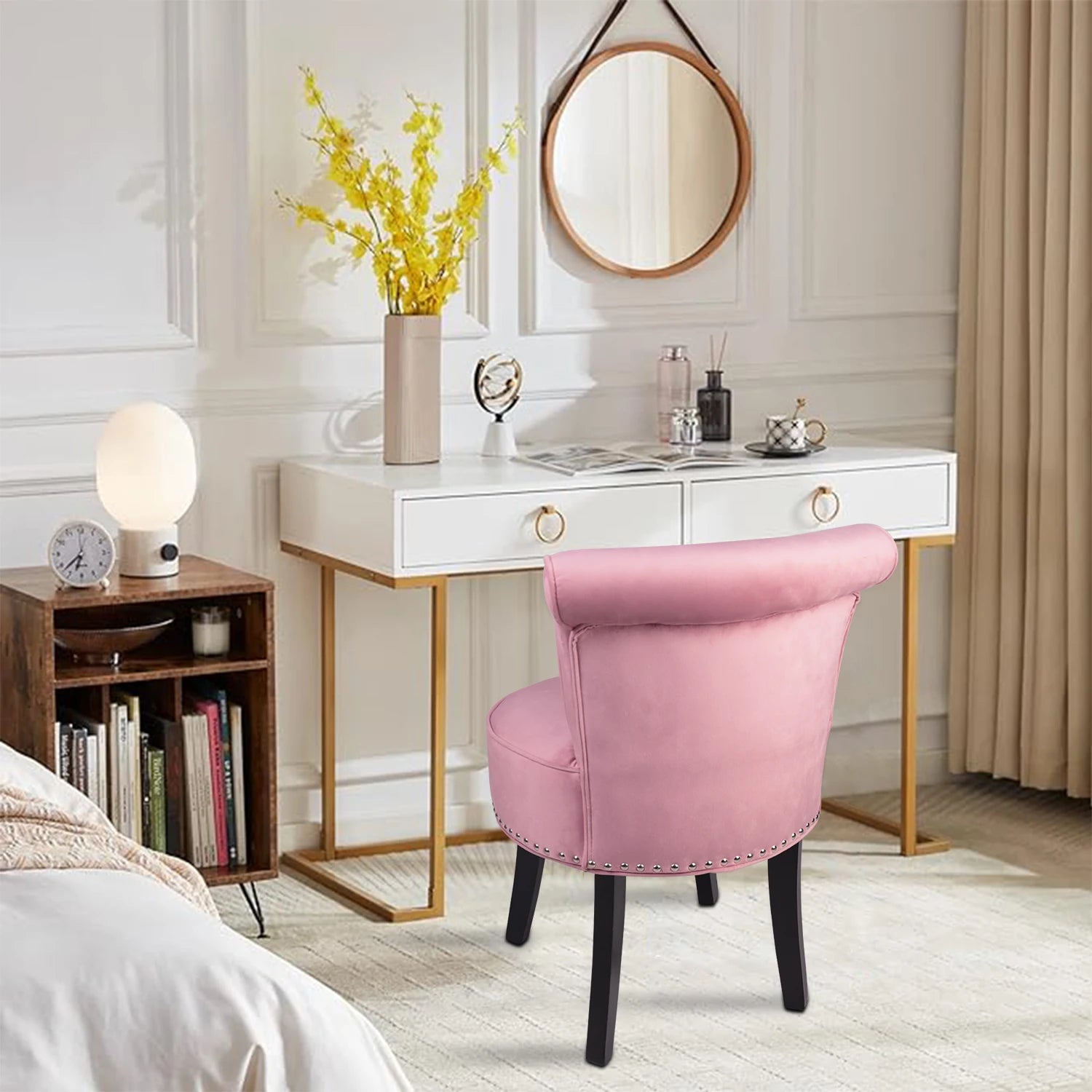 Upholstered Vanity Stool with Backrest and Wooden Legs Tufted Dressing Table Chair Pink