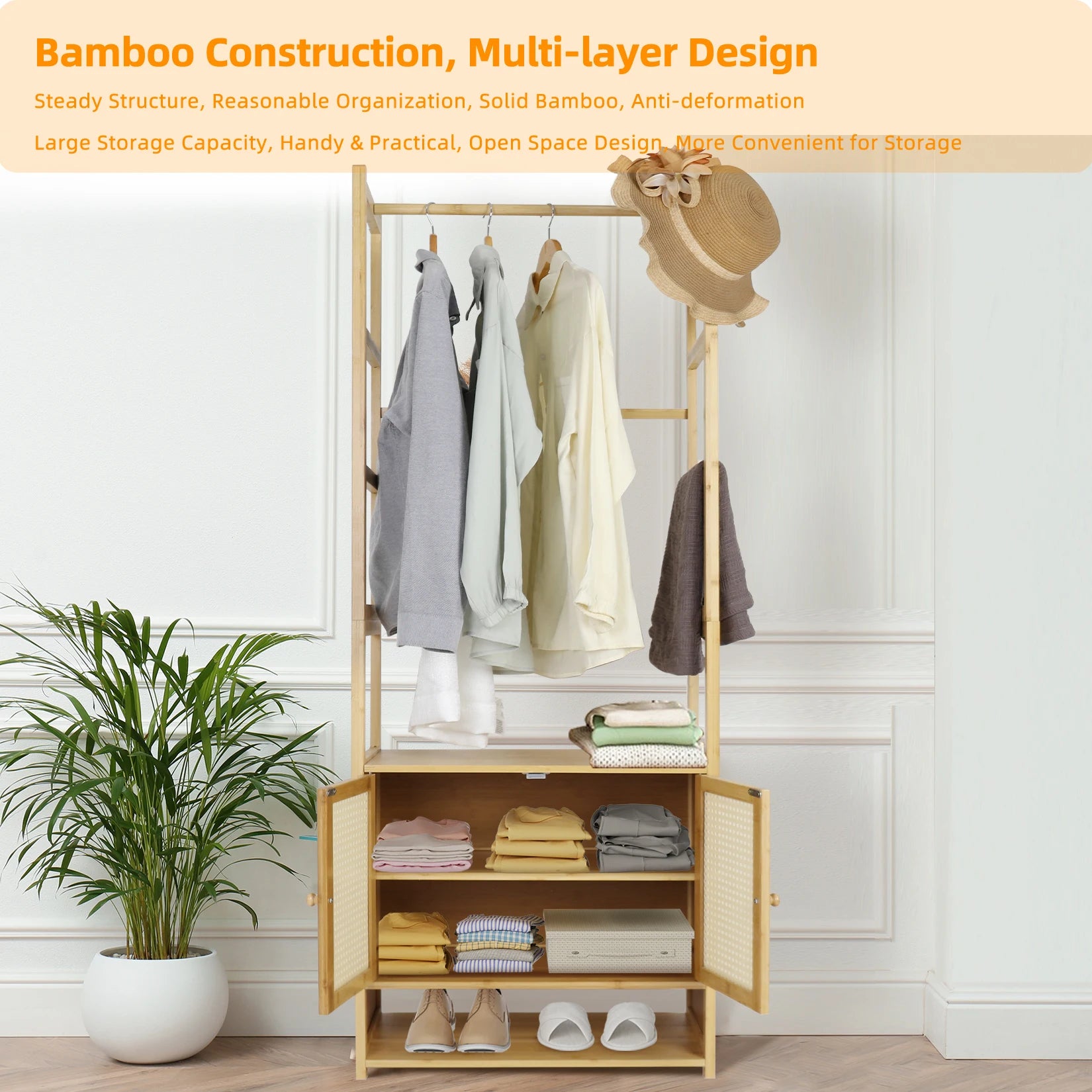 Bamboo Clothes Rack with Cabinet and Shelves Freestanding Garment Rack Organizer Natural Wood