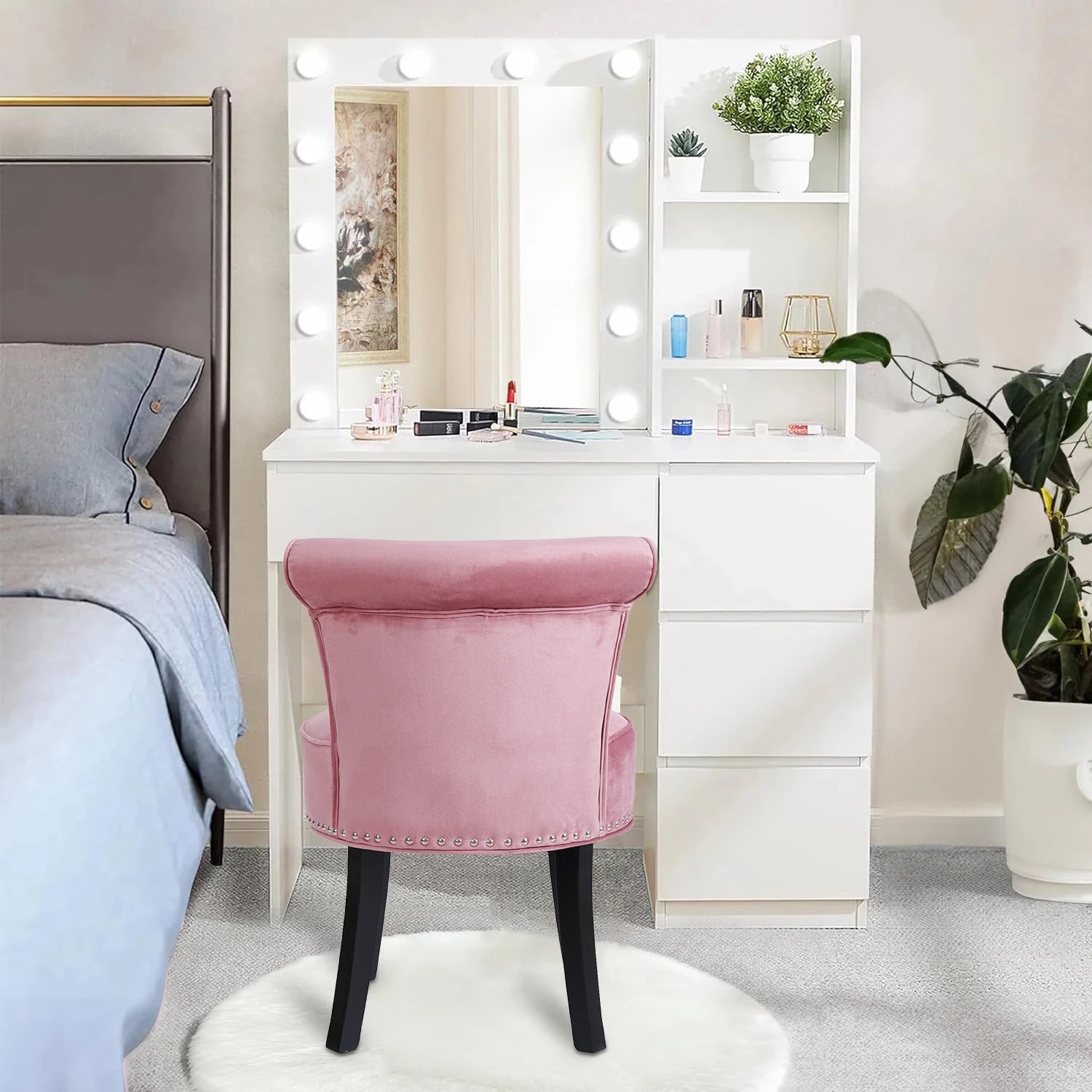 Upholstered Vanity Stool with Backrest and Wooden Legs Tufted Dressing Table Chair Pink