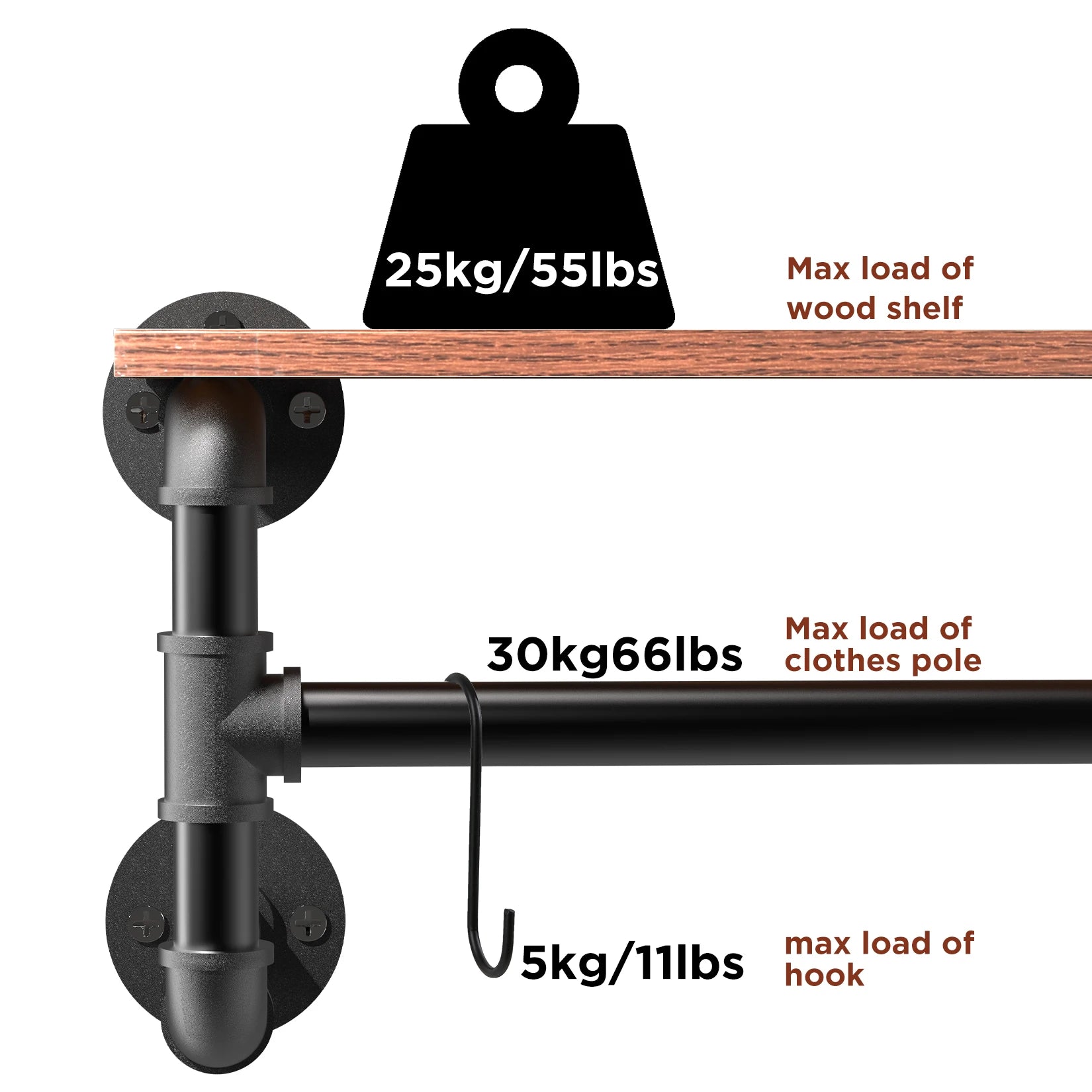 Industrial Pipe Clothes Rack with Shelf Wall Mounted Garment Rack 100cm with Hooks Brown