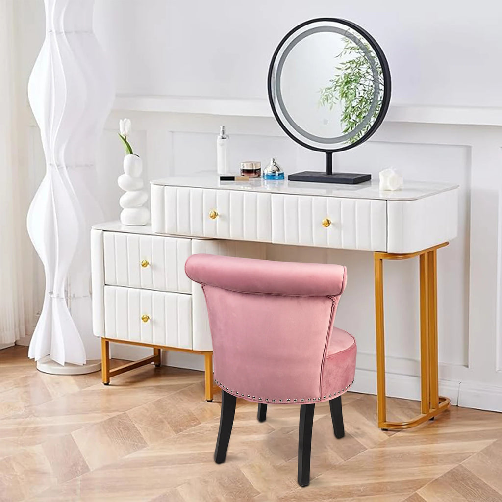 Upholstered Vanity Stool with Backrest and Wooden Legs Tufted Dressing Table Chair Pink
