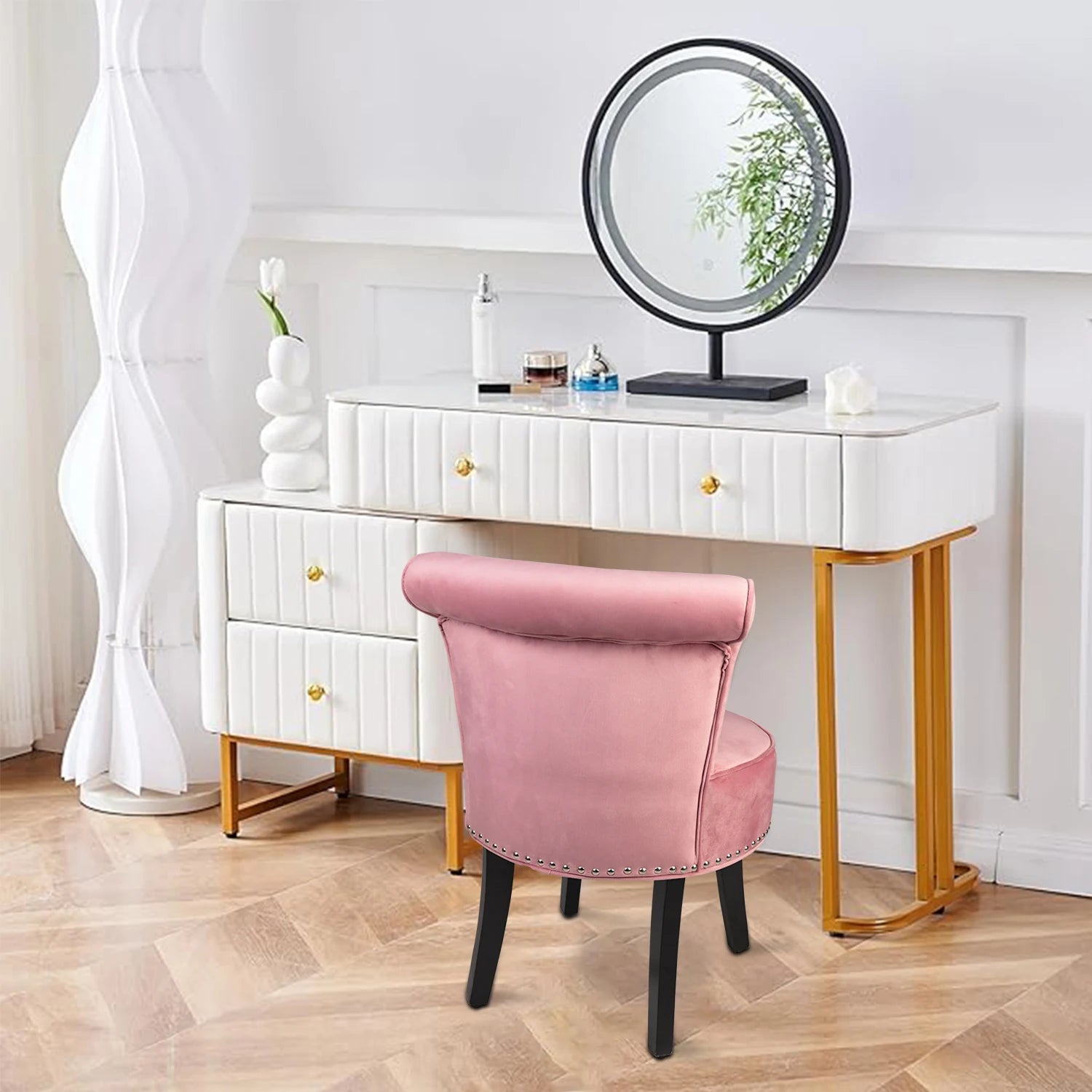 Upholstered Vanity Stool with Backrest and Wooden Legs Tufted Dressing Table Chair Pink