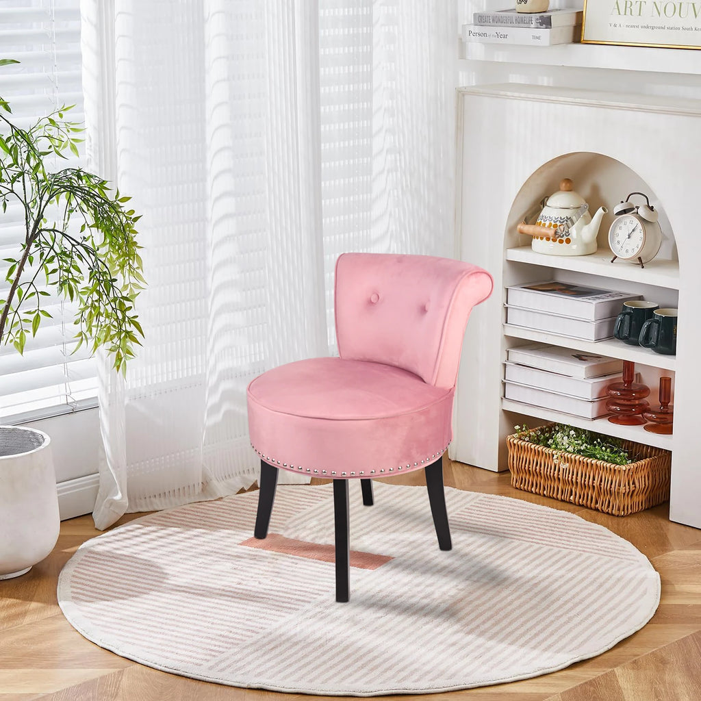 Upholstered Vanity Stool with Backrest and Wooden Legs Tufted Dressing Table Chair Pink