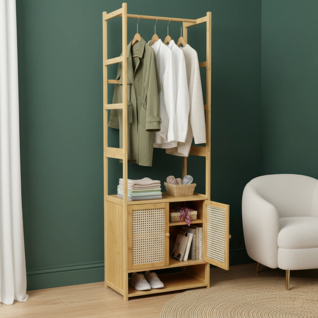 Bamboo Clothes Rack with Cabinet and Shelves Freestanding Garment Rack Organizer Natural Wood