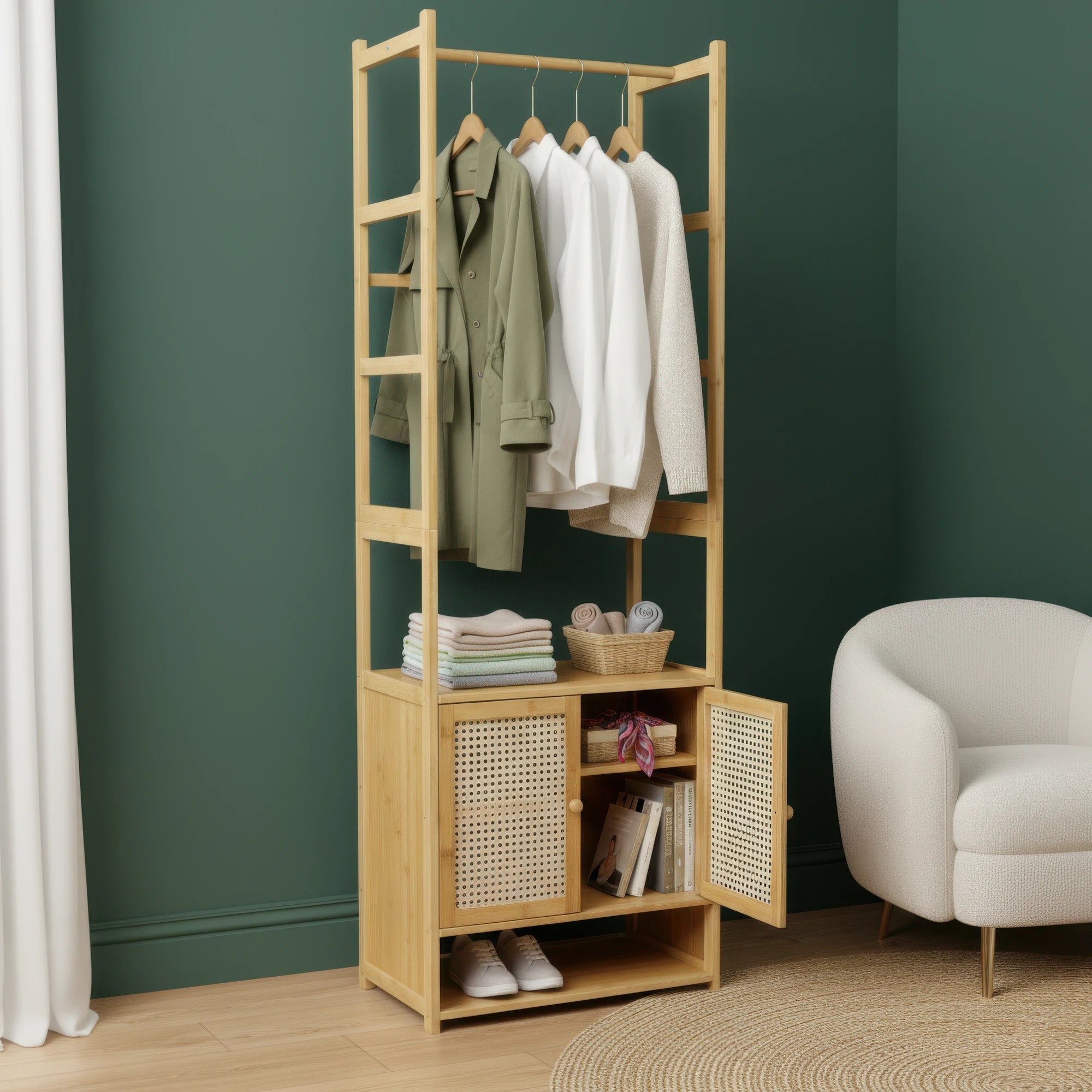 Bamboo Clothes Rack with Cabinet and Shelves Freestanding Garment Rack Organizer Natural Wood