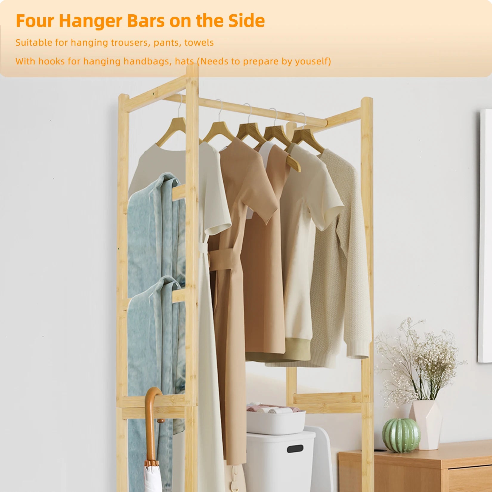 Bamboo Clothes Rack with Cabinet and Shelves Freestanding Garment Rack Organizer Natural Wood