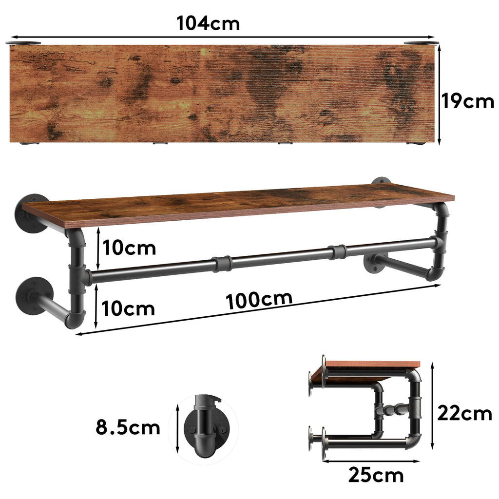 Industrial Pipe Clothes Rack with Shelf Wall Mounted Garment Rack 100cm with Hooks Brown