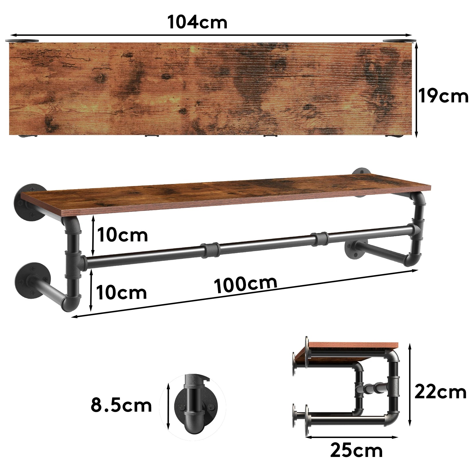 Industrial Pipe Clothes Rack with Shelf Wall Mounted Garment Rack 100cm with Hooks Brown