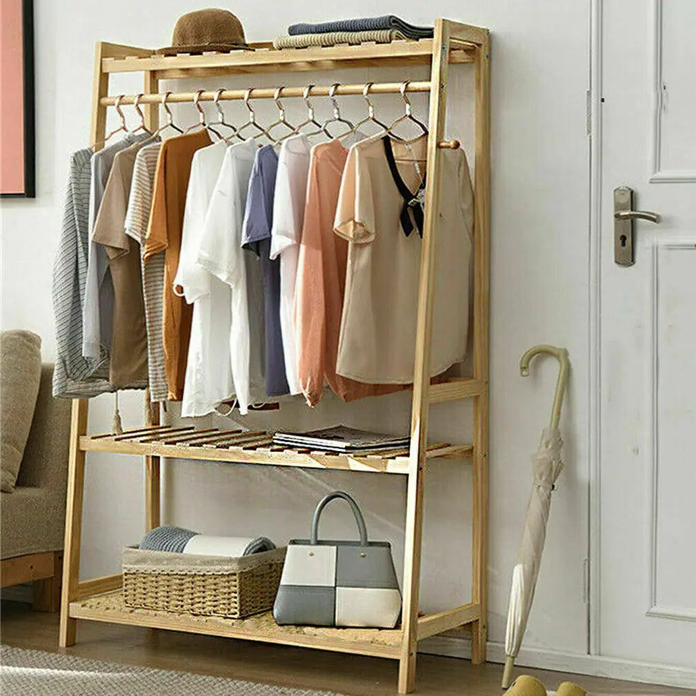 Bamboo Clothes Rack with Shelves, Hooks and Wheels Freestanding Garment Rack Organiser Natural Wood