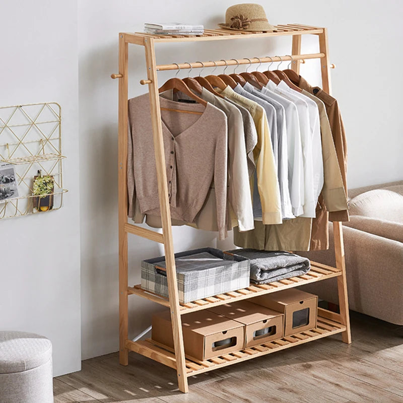 Bamboo Clothes Rack with Shelves, Hooks and Wheels Freestanding Garment Rack Organiser Natural Wood