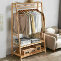Bamboo Clothes Rack with Shelves, Hooks and Wheels Freestanding Garment Rack Organiser Natural Wood