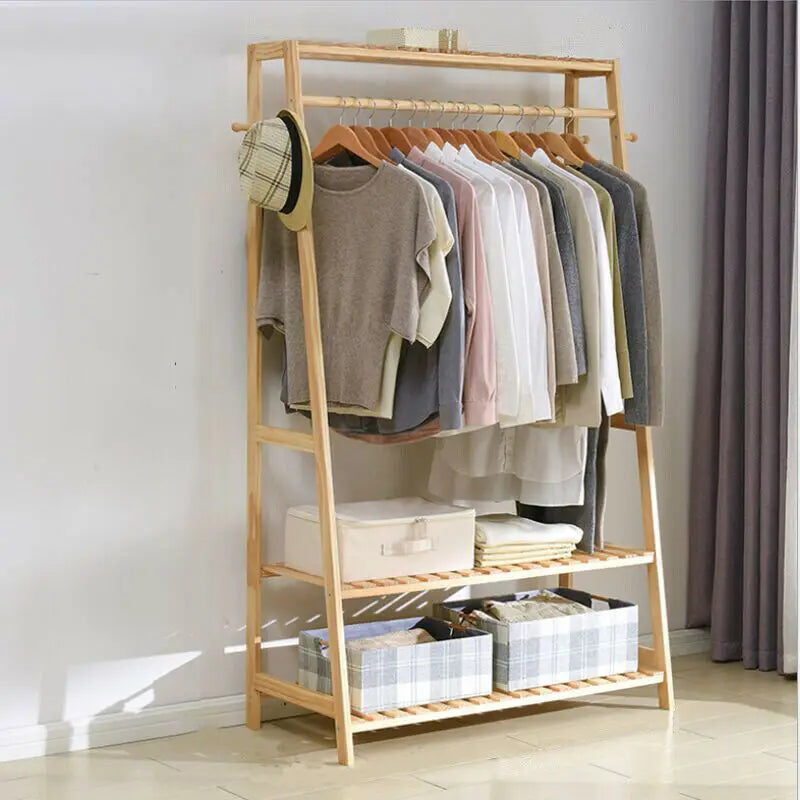 Bamboo Clothes Rack with Shelves, Hooks and Wheels Freestanding Garment Rack Organiser Natural Wood