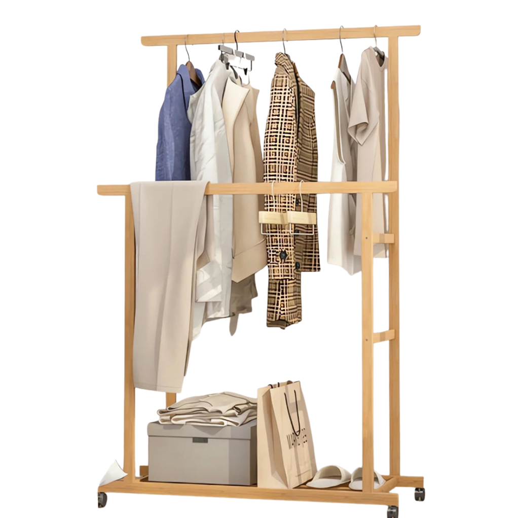Bamboo Clothes Rack with Hanging Rail, Pants Bar and Bottom Shelf Freestanding Garment Rack Natural Wood