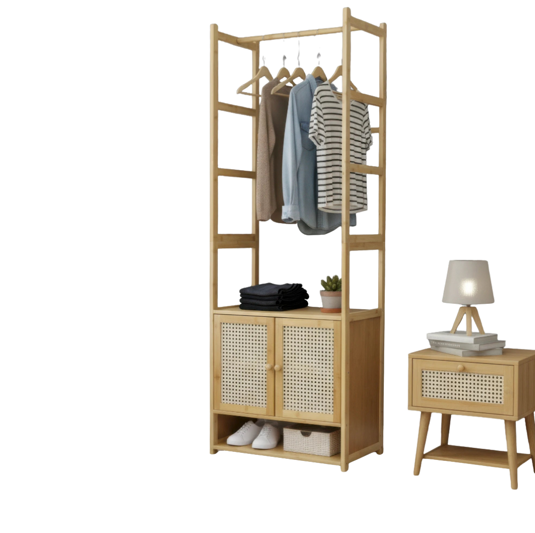 Bamboo Clothes Rack with Cabinet and Shelves Freestanding Garment Rack Organizer Natural Wood