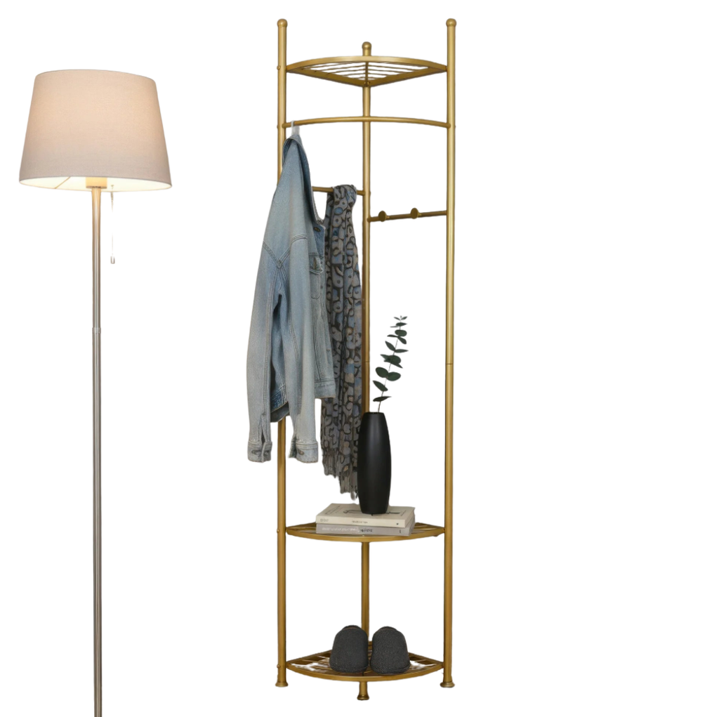 Gold Metal Coat Rack Stand with Shelves Freestanding Corner Clothes Rack Natural Wood