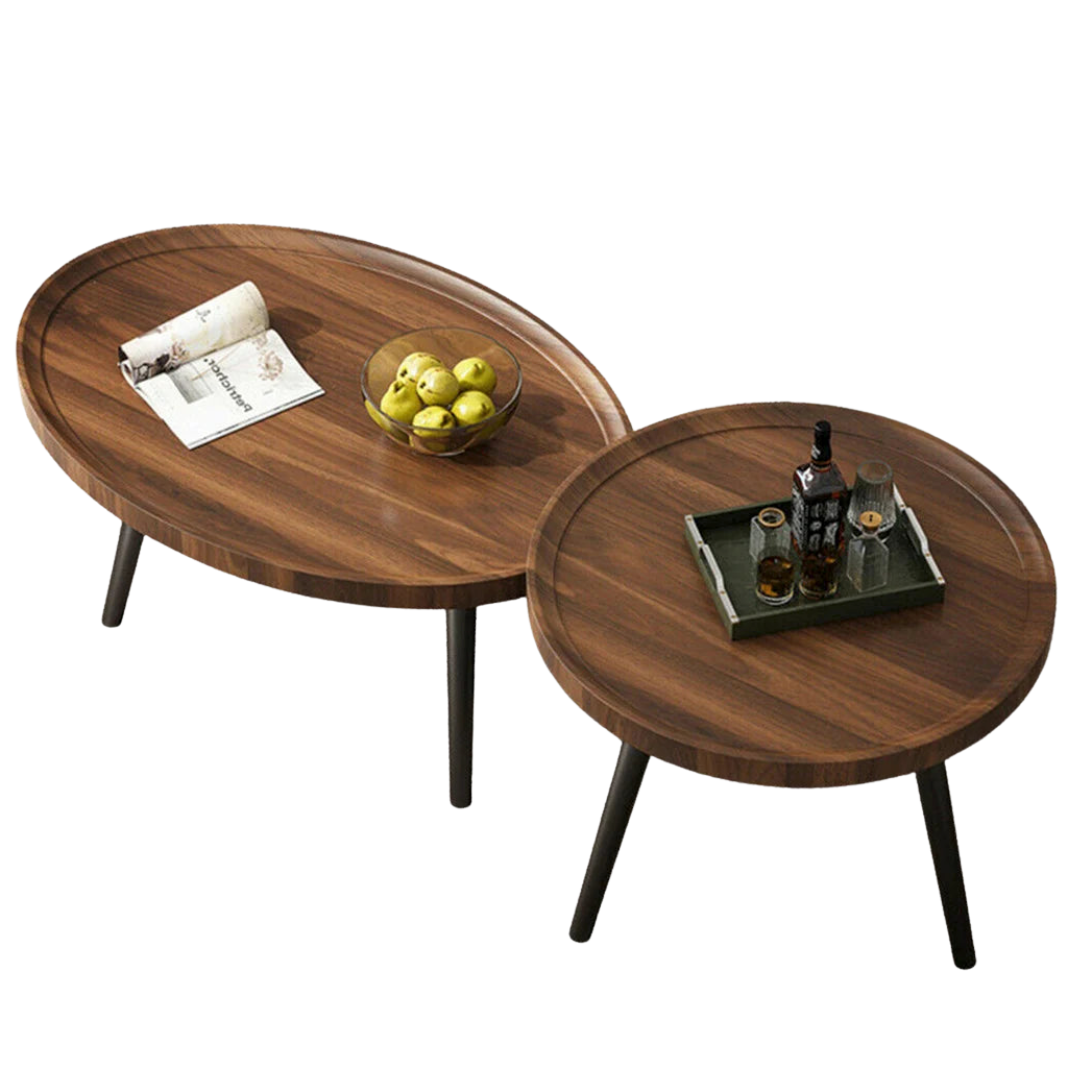 2-Piece Round Coffee Table Set with Metal Legs Modern Nesting Side Tables Walnut & Black
