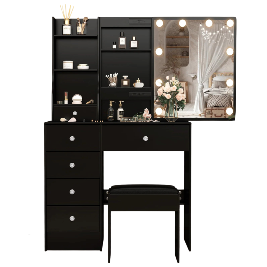 Vanity Table Set with LED Mirror, Stool and 6 Drawers Makeup Dressing Table Black