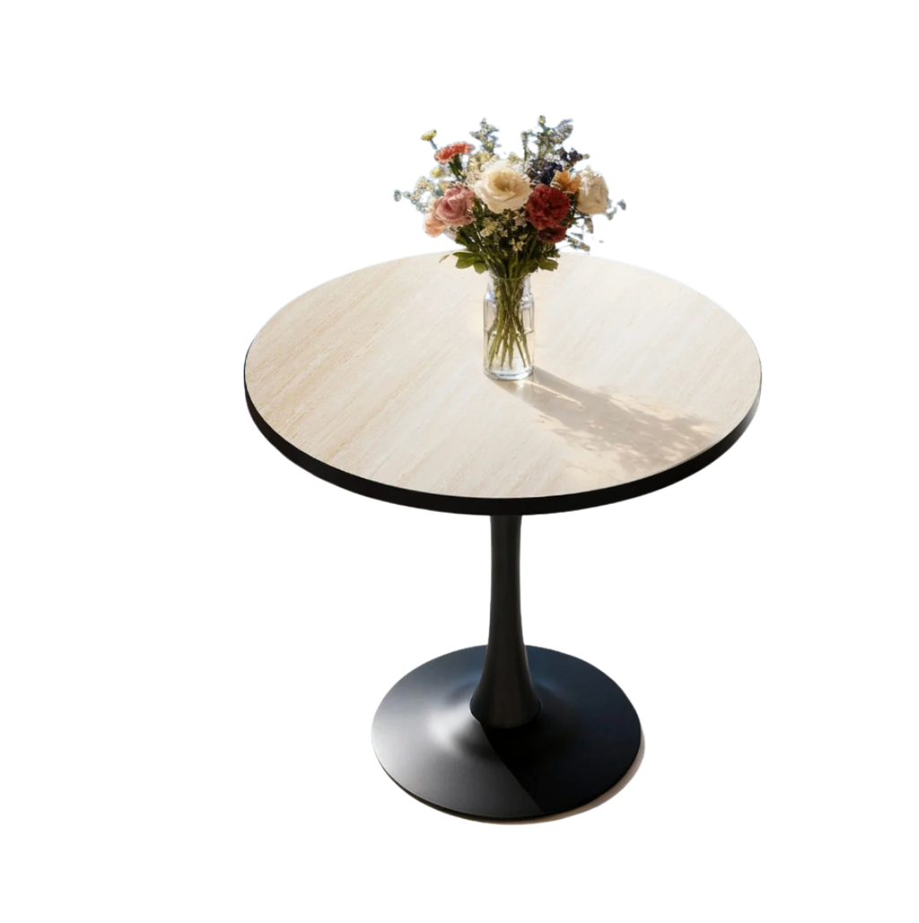 Round Dining Table with Sintered Stone Top and Metal Frame 76cm Modern Kitchen Table Travertine