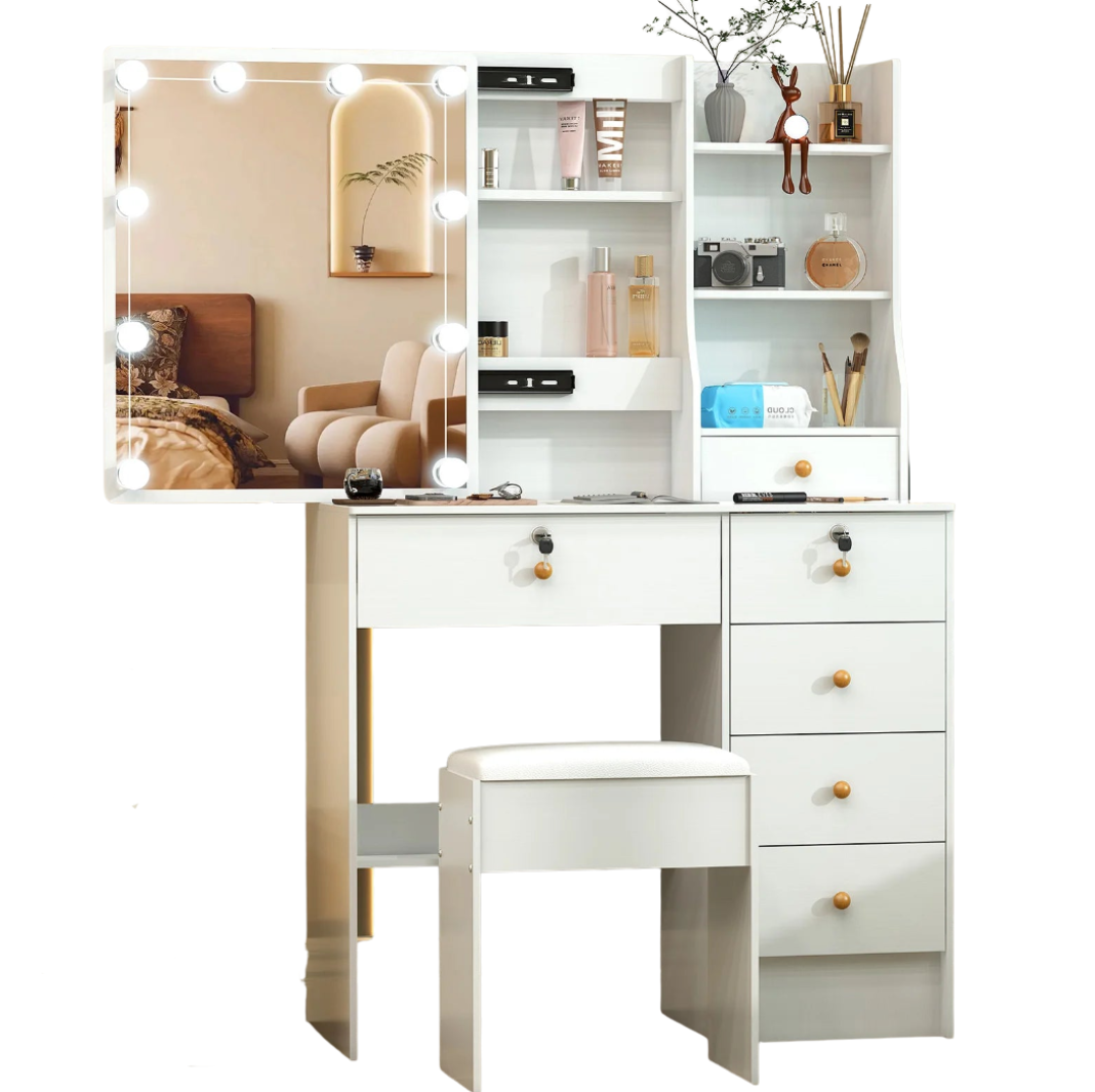 Vanity Table Set with LED Mirror, Stool and 6 Drawers Sliding Mirror Makeup Dressing Table White