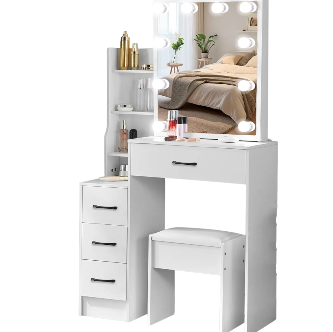 Vanity Table Set with LED Mirror, Stool and Drawers Sliding Mirror Makeup Dressing Table White