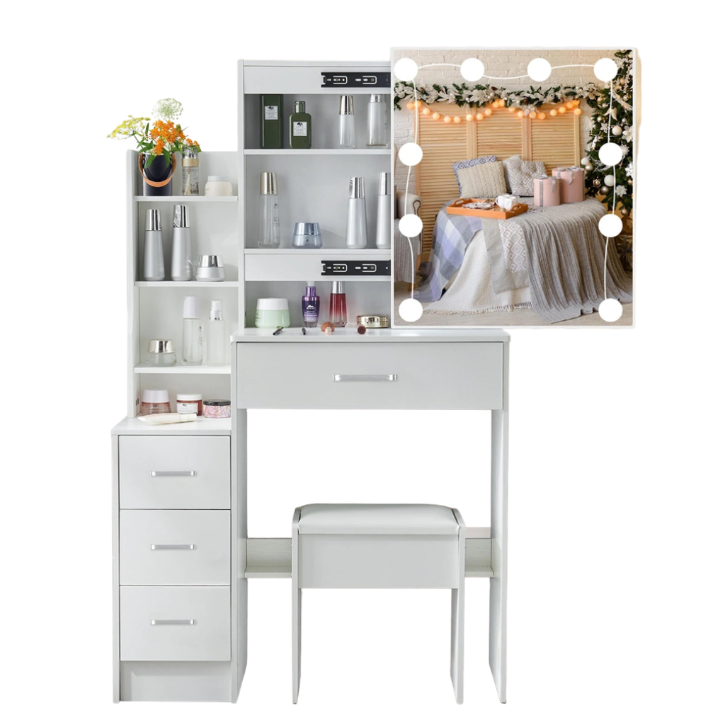 Vanity Table Set with LED Mirror, Stool and 4 Drawers Sliding Mirror Makeup Desk White