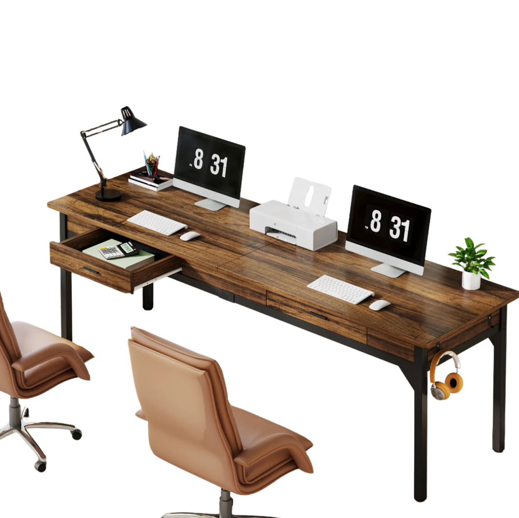 2-Person Office Desk with Drawers and Hooks 200cm Rustic Computer Workstation Rustic Brown