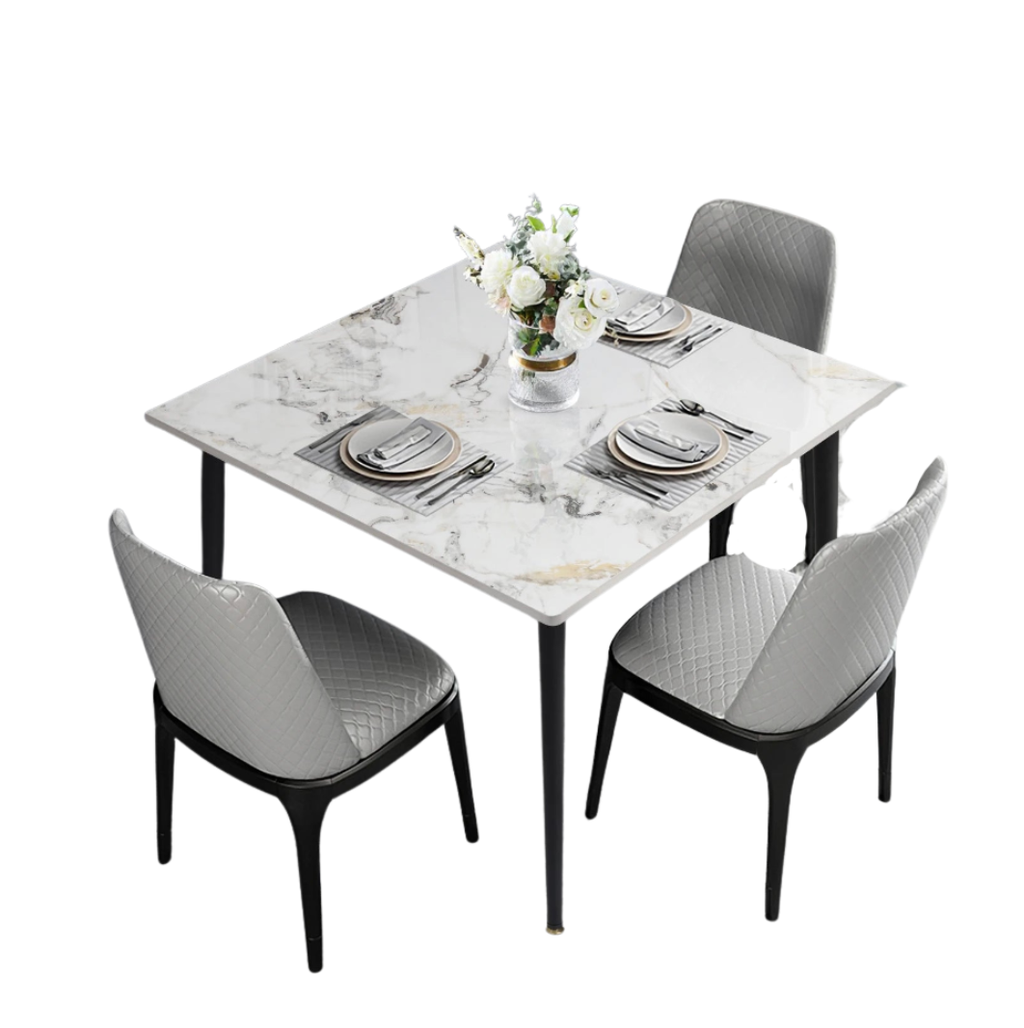 Square Dining Table with Sintered Stone Top and Metal Frame 80cm Modern Kitchen Table White and Emerald
