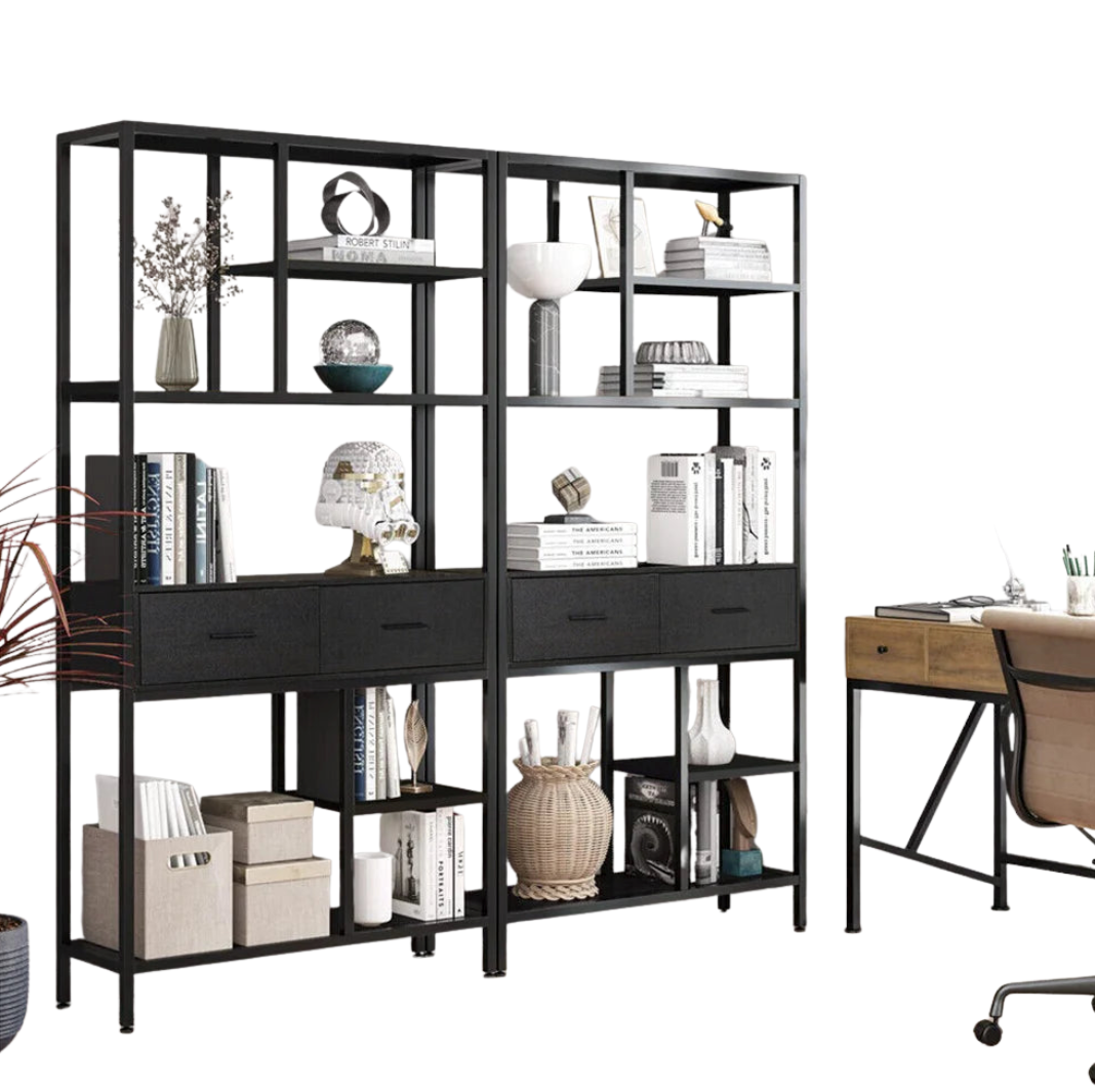 5-Tier Industrial Bookshelf with Drawers Metal and Wood Storage Display Shelf Black