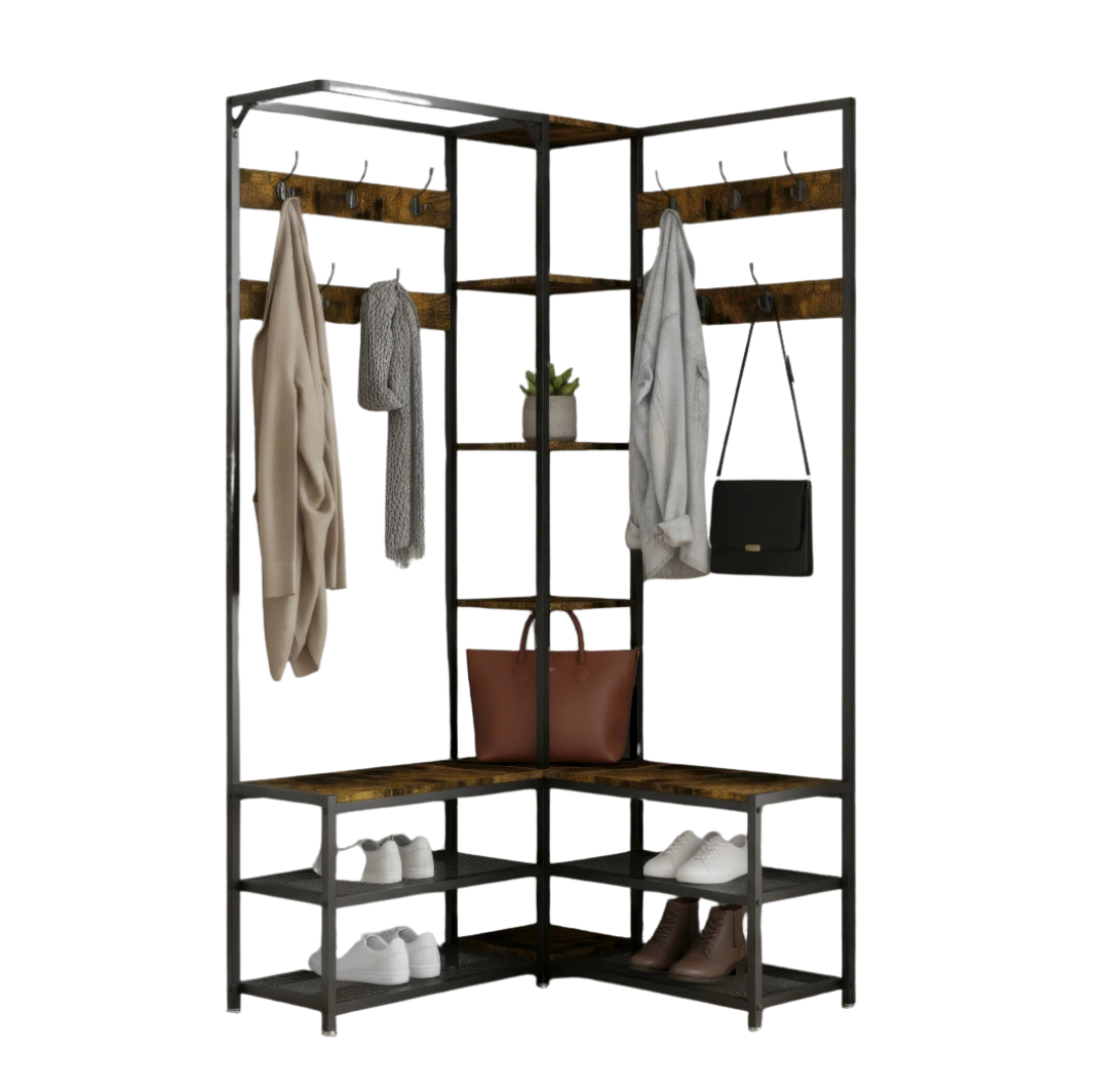 Industrial Hall Tree Coat Rack with Shelves and Metal Frame Entryway Storage Organizer Brown