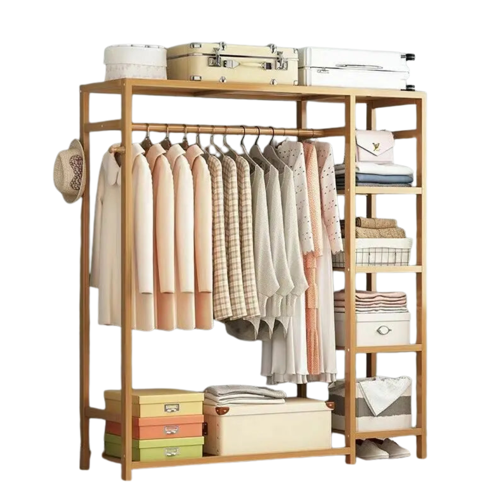 Bamboo Clothes Rack with Shelves and Dustproof Curtain Freestanding Garment Rack Brown
