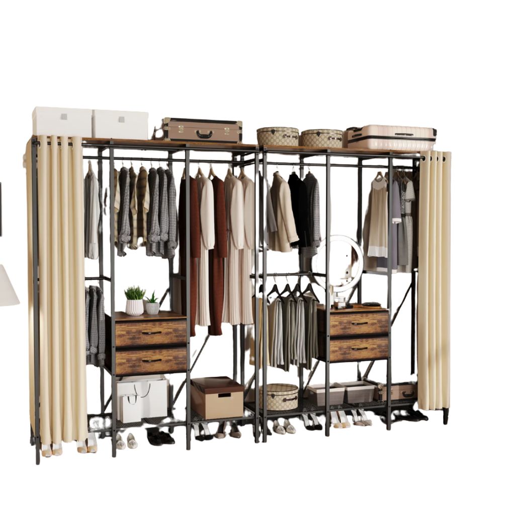 Heavy Duty Clothes Rack Wardrobe with Shelves and Dustproof Cover Industrial Garment Rack XXL Black & Brown