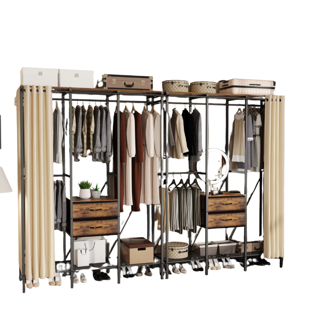 Heavy Duty Clothes Rack Wardrobe with Shelves and Dustproof Cover Industrial Garment Rack XXL Black & Brown