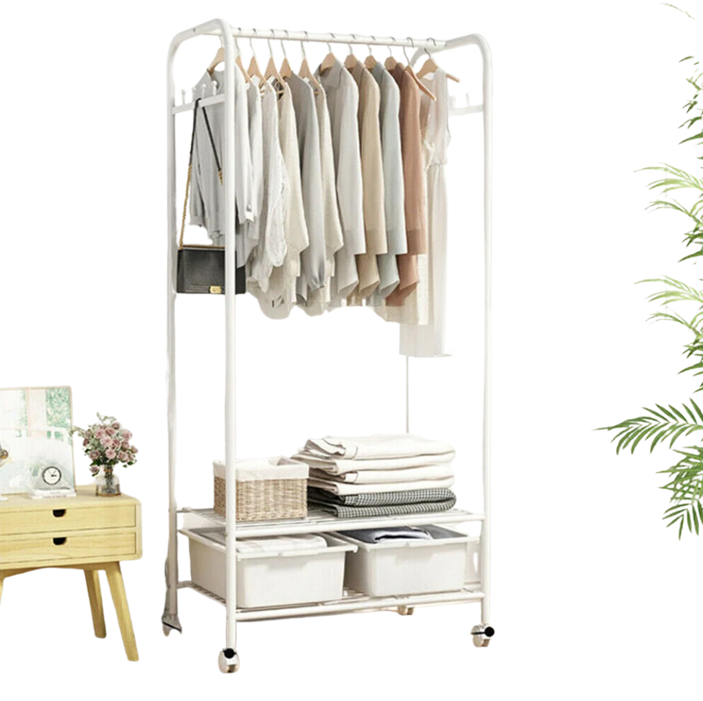 Freestanding Clothes Rack with Shelves and Wheels Metal Garment Rack Organizer White