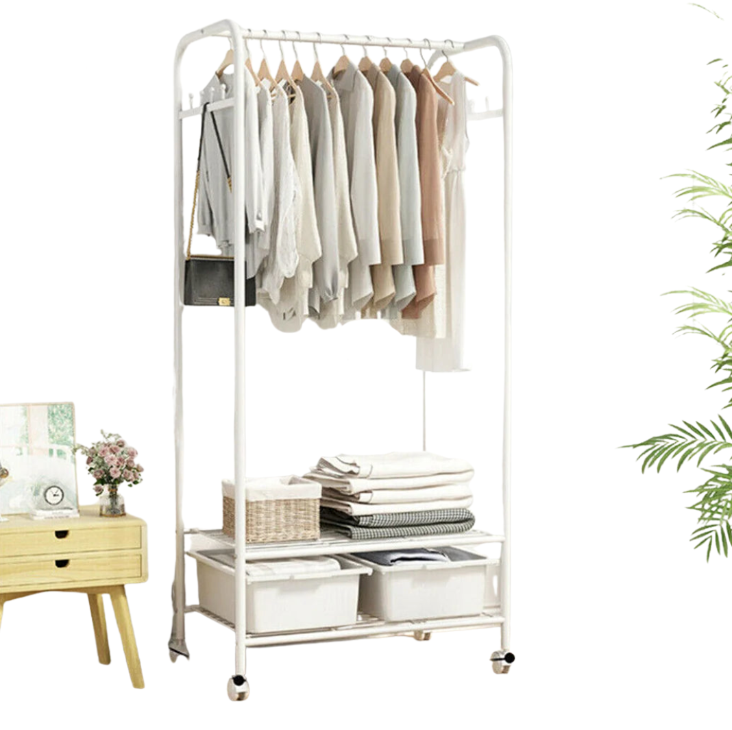 Freestanding Clothes Rack with Shelves and Wheels Metal Garment Rack Organizer White