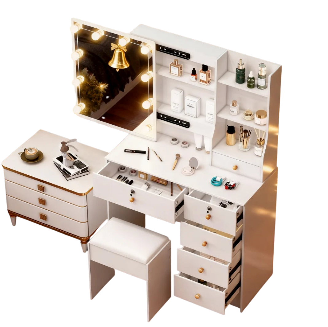 Vanity Table Set with LED Mirror, Stool and 6 Drawers Sliding Mirror Makeup Dressing Table Warm White