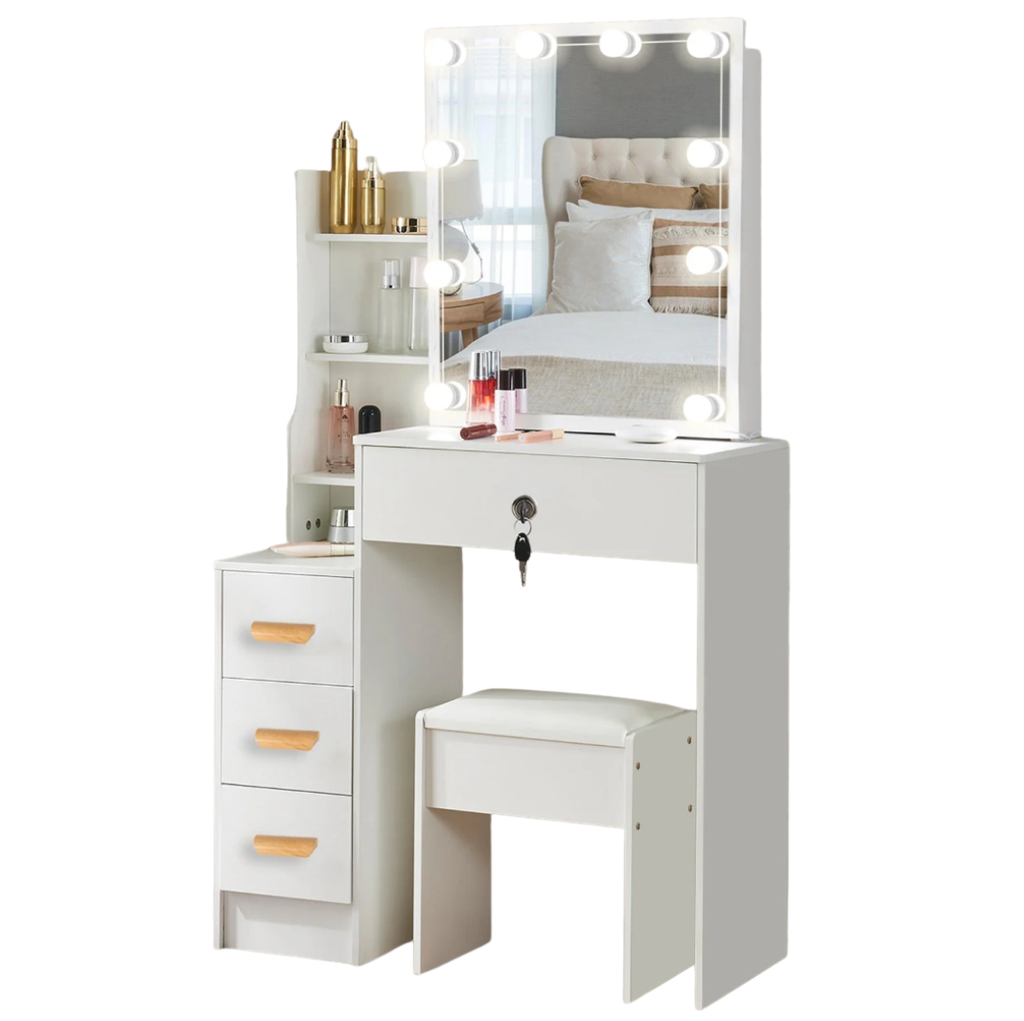 Vanity Table Set with LED Mirror, Stool and Storage Drawers Makeup Dressing Table