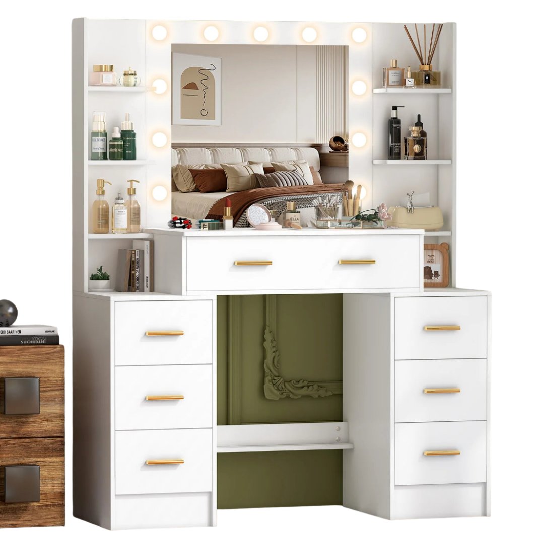 Vanity Table with LED Mirror and 7 Drawers Makeup Dressing Table with Storage Shelves