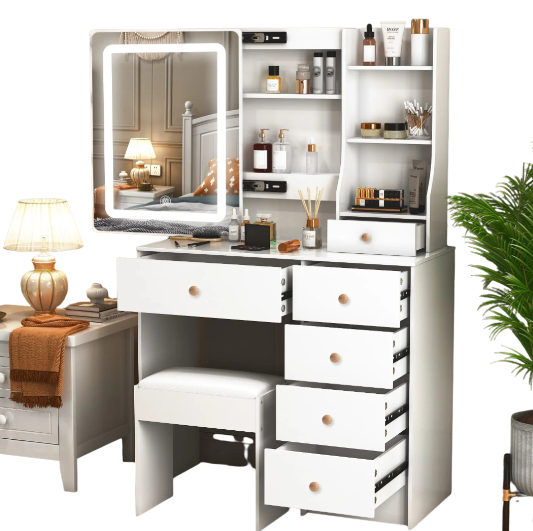 Vanity Table Set with LED Mirror, Stool and 6 Drawers Sliding Mirror Makeup Dressing Table