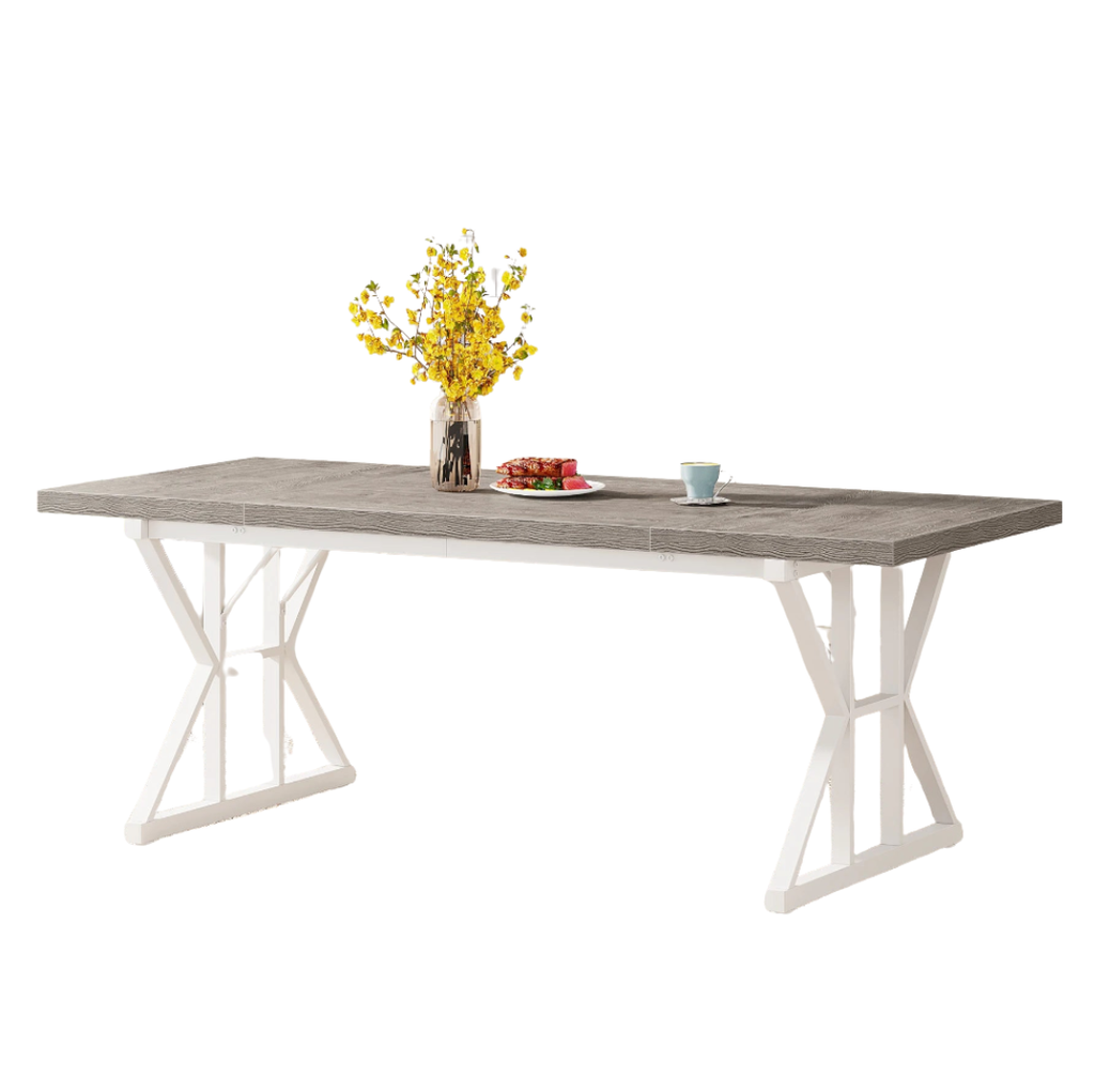 6-Seater Farmhouse Dining Table with Metal Trestle Frame and Wooden Top 180cm Kitchen Table Grey & White
