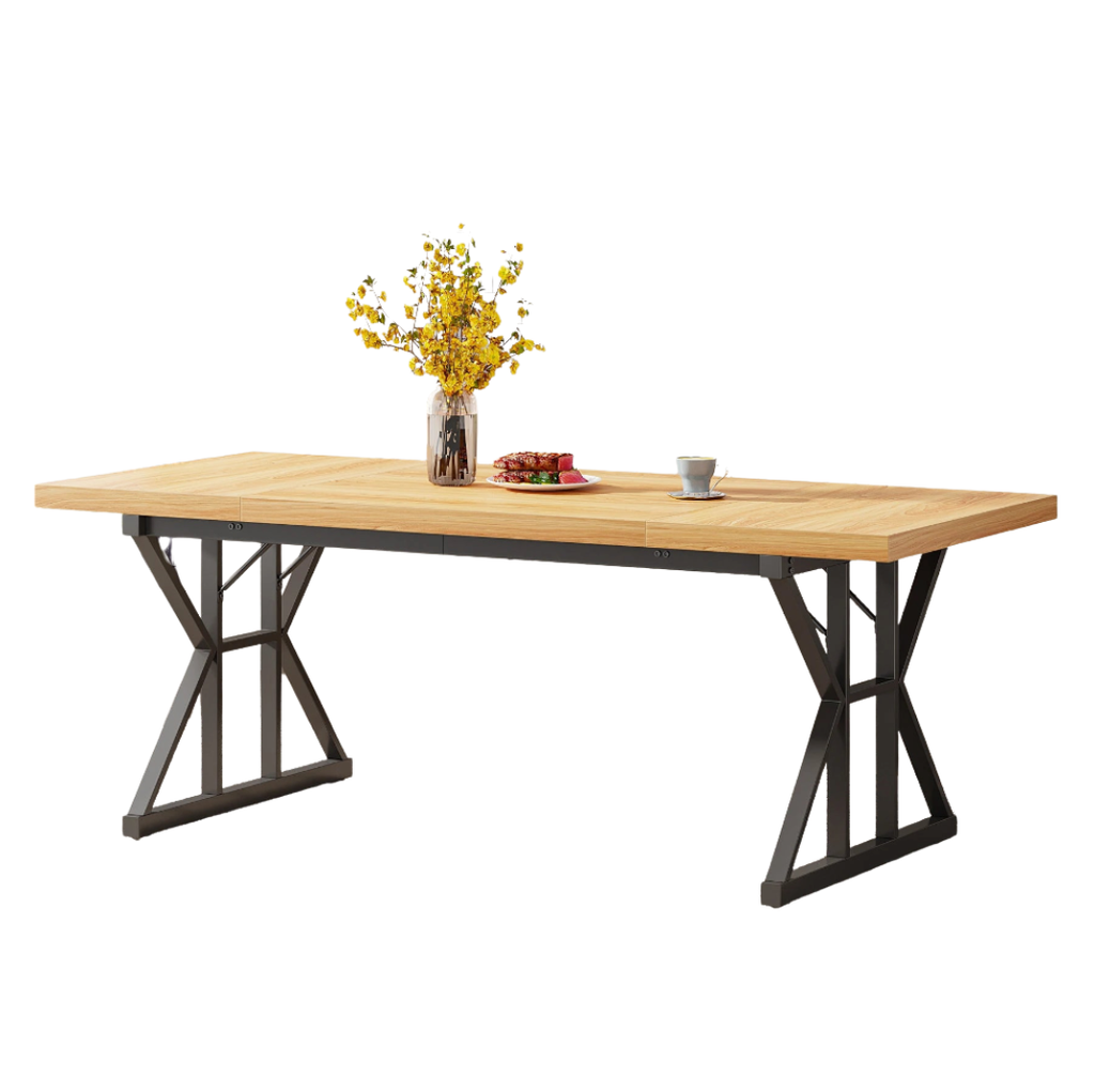 6-Seater Farmhouse Dining Table with Metal Trestle Frame and Wooden Top 180cm Kitchen Table Walnut and Black