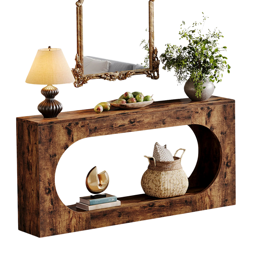 Farmhouse Console Table with 2-Tier Shelf 160cm Rustic Entryway Sofa Table Brown