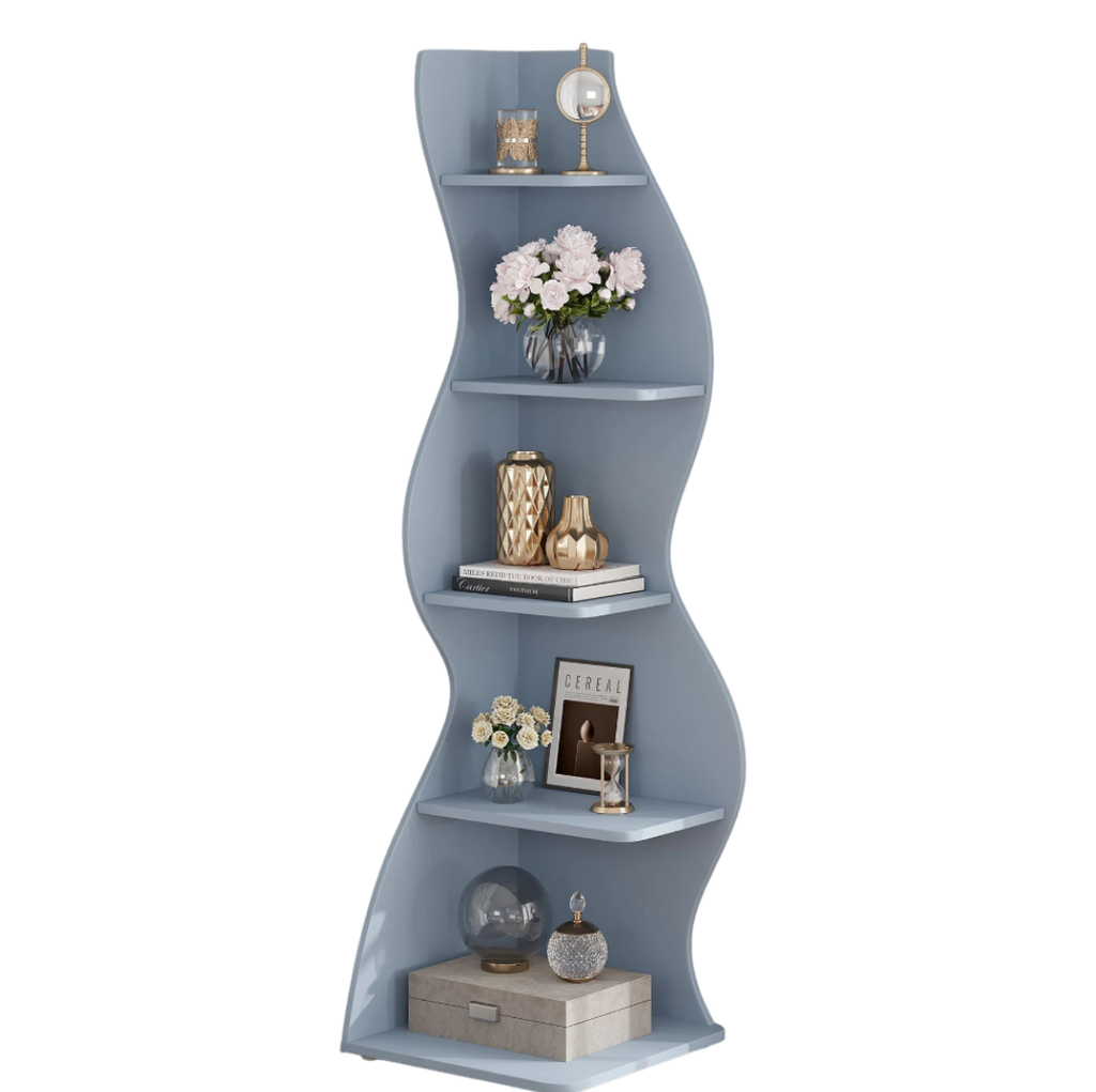5-Tier White Corner Shelf Storage Rack Wooden Display Bookshelf for Living Room Bedroom Office Blue
